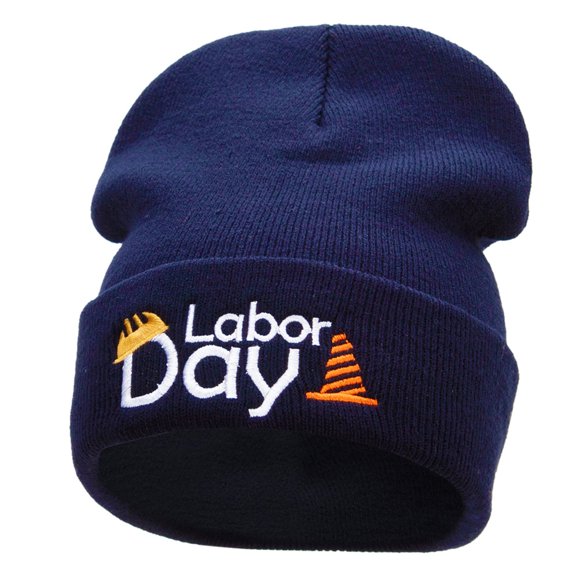 Labor Day Workers Embroidered 12 Inch Long Knitted Beanie - Navy OSFM