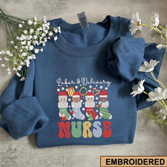 Labor & Delivery Nurse Christmas Sweatshirt, Embroidered Holiday Nurse Crewneck, Cute Santa Stocking Medical Gift for Women, LD RN Shirt