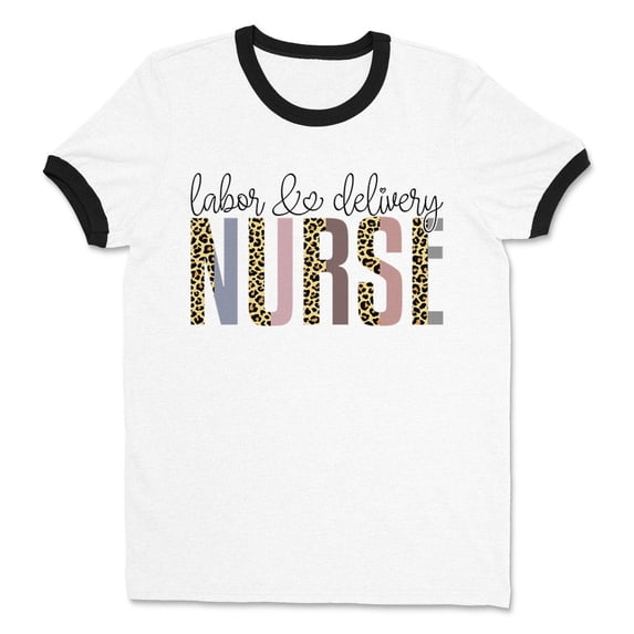 Labor and Delivery Nurse Leopard Print Ringer Tee Shirt Unisex Small White/Black