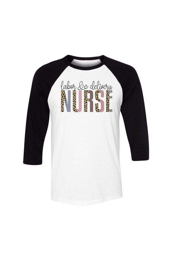 Labor and Delivery Nurse Leopard Print Three-Quarter Raglan Sleeve Baseball Shirt Unisex Large White/Black