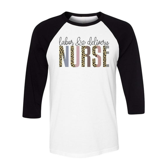Labor and Delivery Nurse Leopard Print Three-Quarter Raglan Sleeve Baseball Shirt Unisex Small White/Black