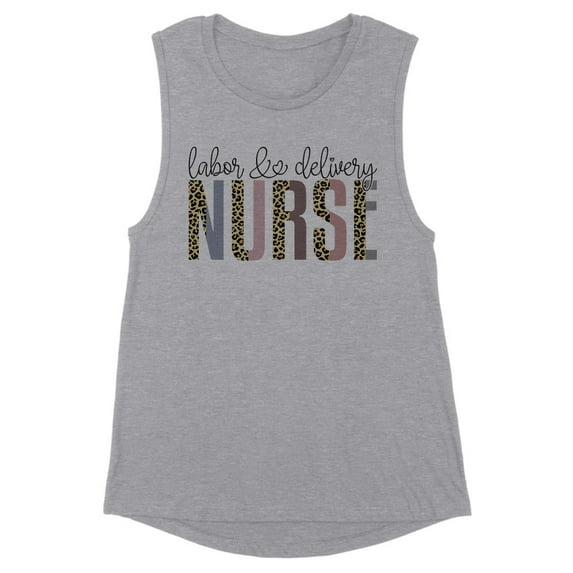 Labor and Delivery Nurse Leopard Print Women's Muscle Tank Medium Heather Grey