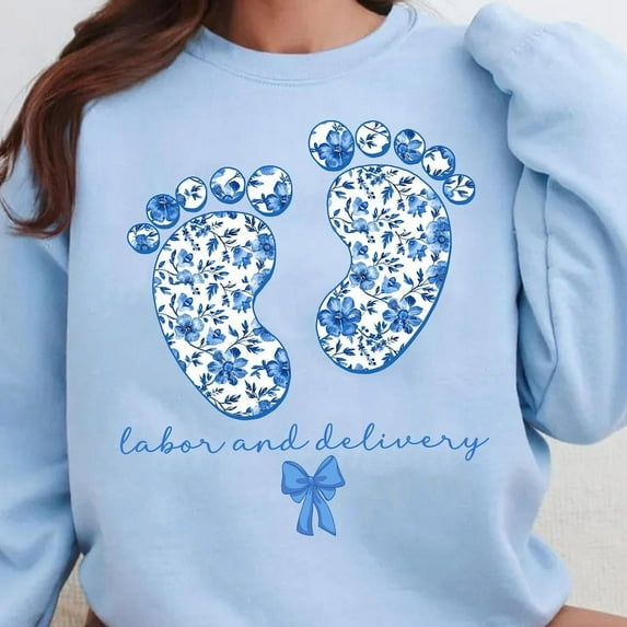 Labor and Delivery Nurse Sweatshirt, Floral Maternity Nurse Gift, Blue Toile Nurse Shirt, Nursing Student Crewneck