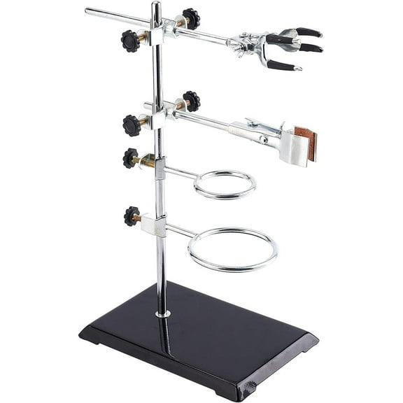 Laboratory Grade Stand Support Set with Coated Base (8.3"x5.4") Rod (Length 13.8") 2 Retort Rings One Flask Clamp One Clamp Retort Jaw and One Lab Finger Clamp Platinum