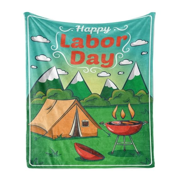 Labour Day Soft Flannel Fleece Blanket, Cartoon Illustration of a Mountainous Landscape Barbecue Happy Camper, Cozy Plush for Indoor and Outdoor Use, 60" x 80", Fern Green Multicolor, by Ambesonne