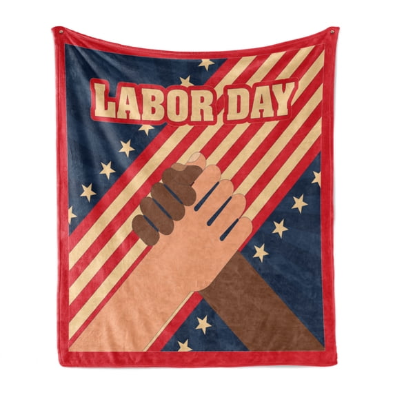 Labour Day Soft Flannel Fleece Throw Blanket, Frame Layout of Holding Hands Celebrating Pattern, Cozy Plush for Indoor and Outdoor Use, 50" x 70", Pink Multicolor, by Ambesonne