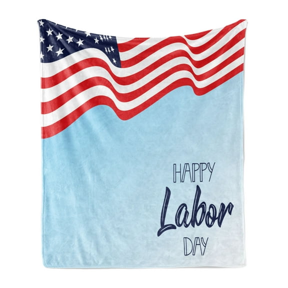 Labour Day Soft Flannel Fleece Throw Blanket, Waving Flag with Hand Drawn Wording in the Sky, Cozy Plush for Indoor and Outdoor Use, 50" x 70", Night Blue Vermilion, by Ambesonne