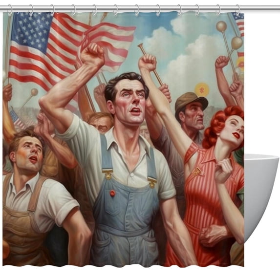Labour Day Waterproof Printed Bathroom Curtain Set with Hooks - Stylish Bathroom Decoration