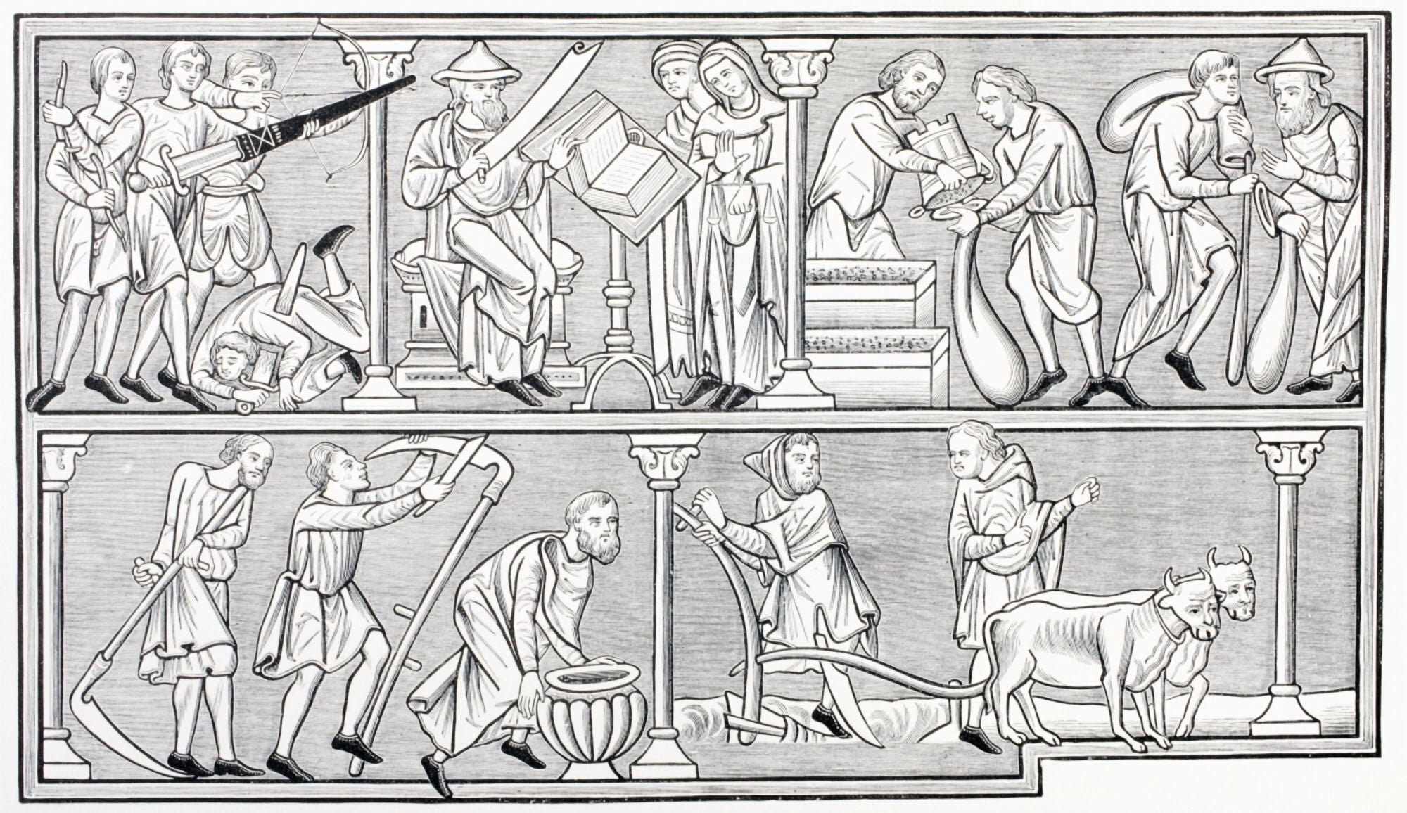 The Labours Of War Science Commerce And Agriculture After A Miniature In A 13Th Century Psalter From Les Artes Au Moyen Age Published Paris 1873 Canvas Art - Ken Welsh Design Pics (38 x 22)