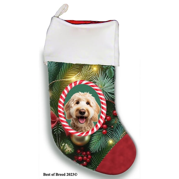 Labradoodle Blonde - Best of Breed Christmas Stocking 13.5" Red Gaming Cloth with Red Lining ,Plush White Cuff