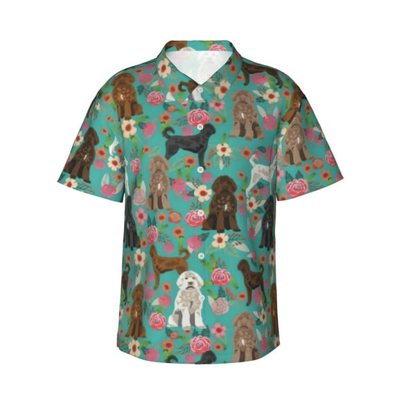 Labradoodle Dogs Lovers Flower Floral Men'S 3d Print Casual Button Down Shirts, Novelty Hawaiian Short Sleeves Xl