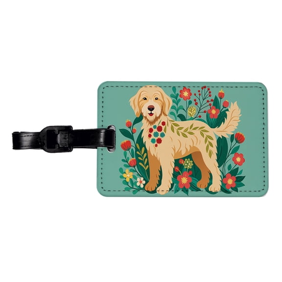 Labradoodle Floral Motif Tan Dog Faux Leather Travel Luggage Tag