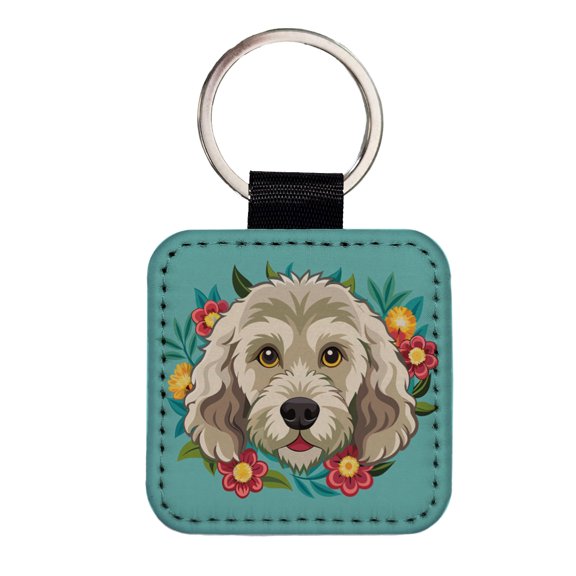Labradoodle Head Floral Motif Dog Faux Leather Square Keychain