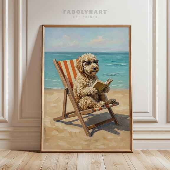 Labradoodle Reading Book Wall Art Summer Beach House Decor Doodle Dog Lover Book Lovers, Unframed Canvas