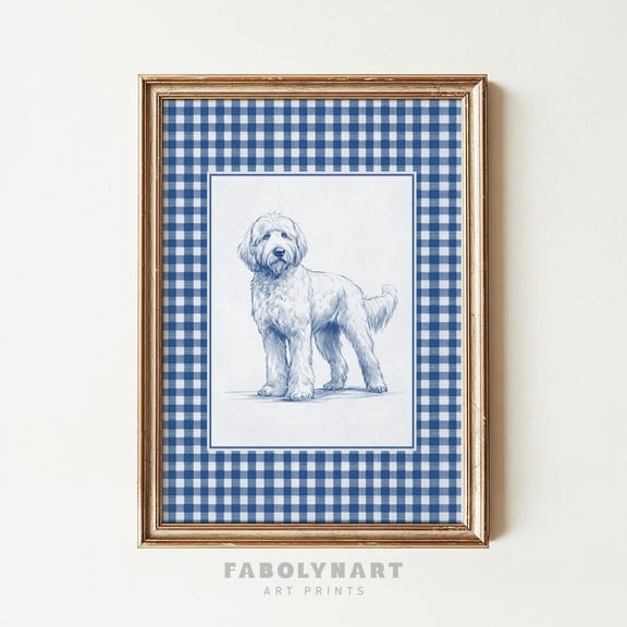 Labradoodle Wall Art Print, Blue Gingham Doodle Dog Sketch Painting, Coastal Gift Poster Unframed Paper Print