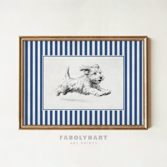 Labradoodle With Zoomies Blue Striped Running Dog Sketch Wall Art Doodle Dog Mom, Unframed Poster