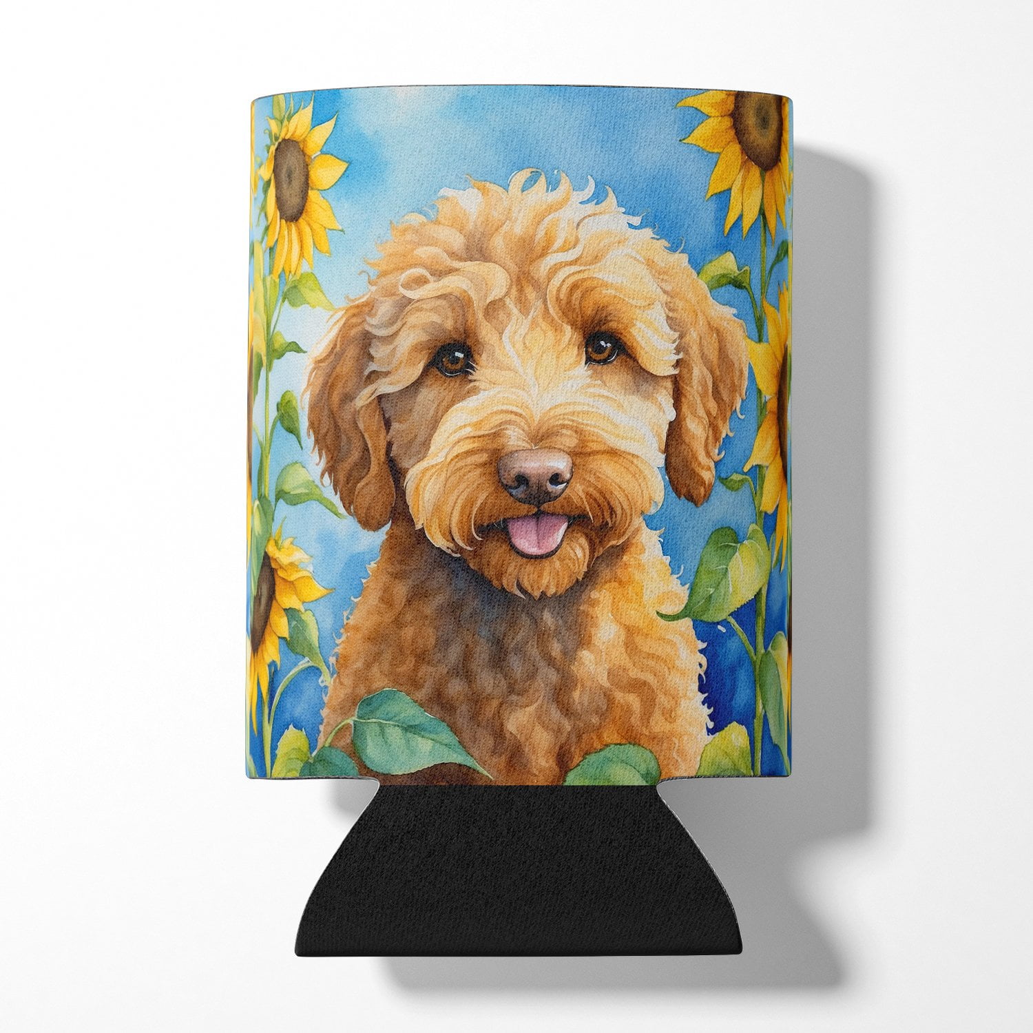 Labradoodle in Sunflowers Can or Bottle Hugger 3 in x 5 in