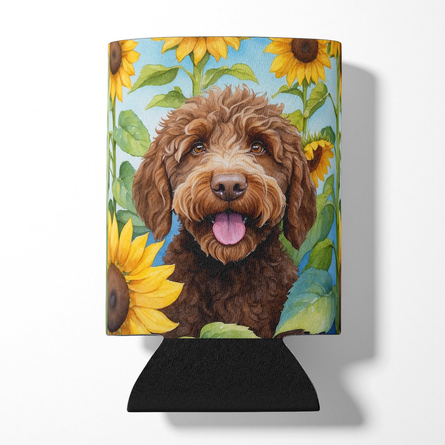 Labradoodle in Sunflowers Can or Bottle Hugger 3 in x 5 in