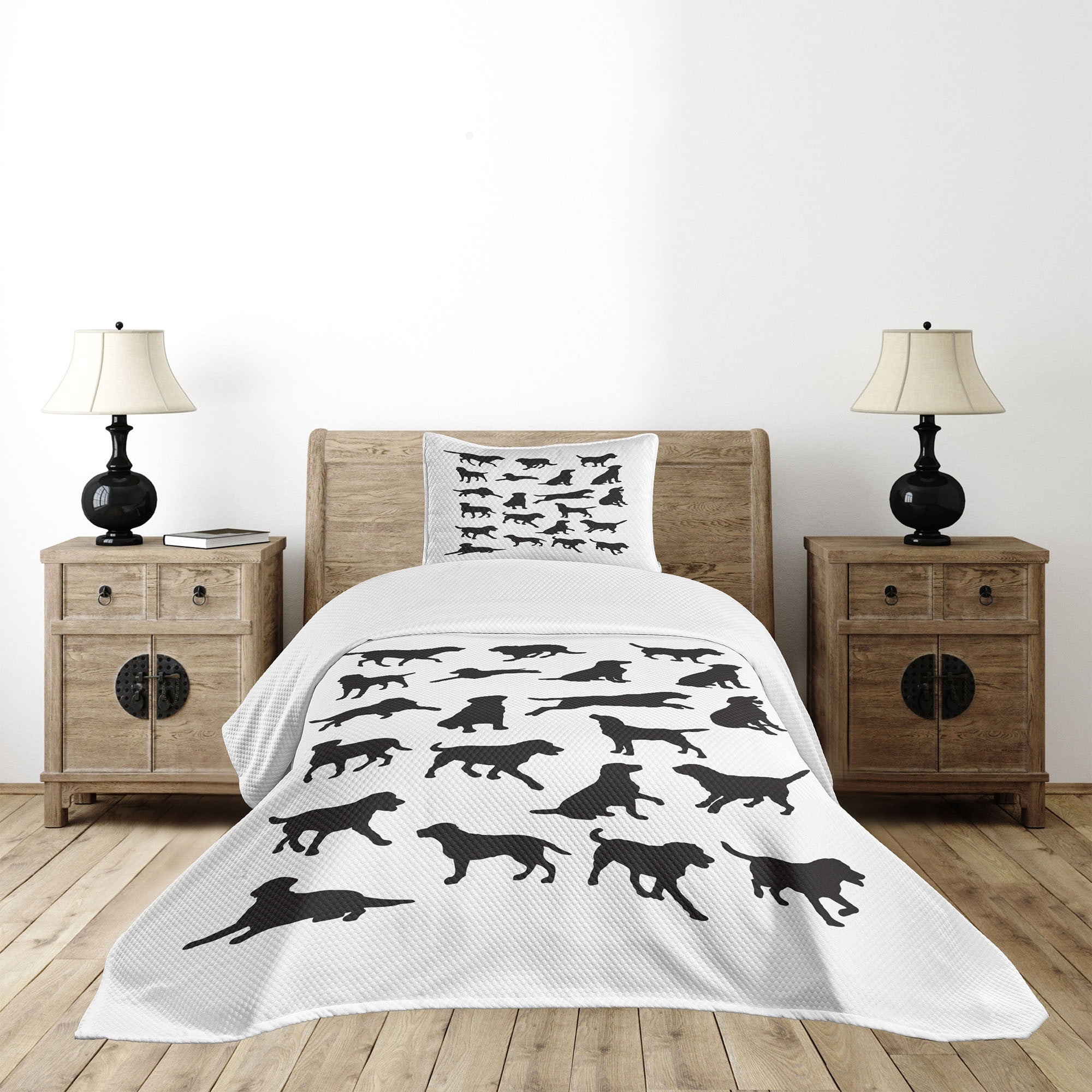 Labrador Bedspread Set Twin Size, Black Silhouettes of Pets in Various