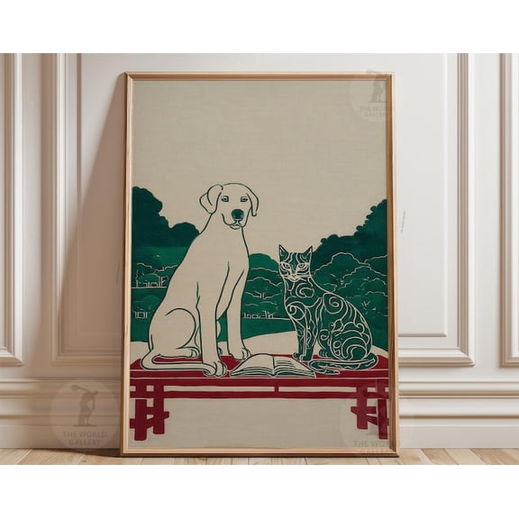 Labrador Cat Green Landscape Wall Art Print, Unframed Paper Poster 16x20in