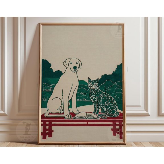 Labrador Cat Green Landscape Wall Art Print, Unframed Paper Poster 24x36in