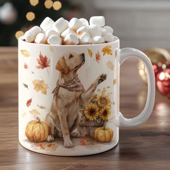 Labrador Ceramic Mug, Yellow Labrador with Autumn Leaves and Pumpkins, Fall Dog Lover Gift, Coffee Cup, Tea Mug, Dog Mom Gift, Autumn