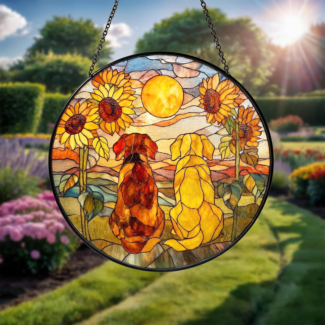 Labrador Dog Couple Glass Suncatcher, Sunflower Pet Window Art, Dog Mom Memorial, 3.5 in