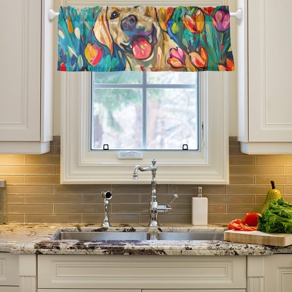 Labrador Dog Flower Curtain Valances Farmhouse Design Window Treatment Decor Blackout Rod Pocket for Windows Living Room Kitchen 54" x 18"