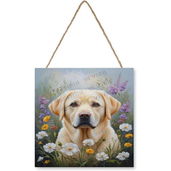Labrador Dog with Flower Farmhouse Wall Decor Dog Sign Rustic Wooden Hanging Sign Wood Home Sign with Hanging Hole for Home Kitchen Living Room Bar Decor 12x12 Inches