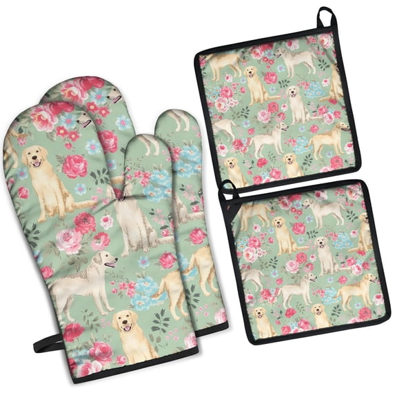 Labrador Dog and Flower Floral Kitchen Oven Mitt and Pot Holder Sets 4 Pcs for Baking, Cooking and Grilling, Heat Resistant Up To 392 °F