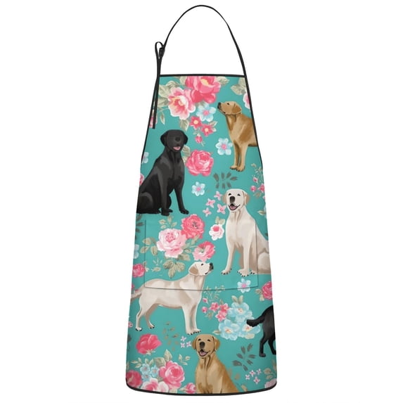 Labrador Dogs with Pioneer Flower Apron-Garden Aprons for Women with Pockets-Cotton Linen Waterproof Kitchen Cooking Gardening Aprons Adjustable for Kitchen,Cooking,BBQ and Salon 33x27 Inch