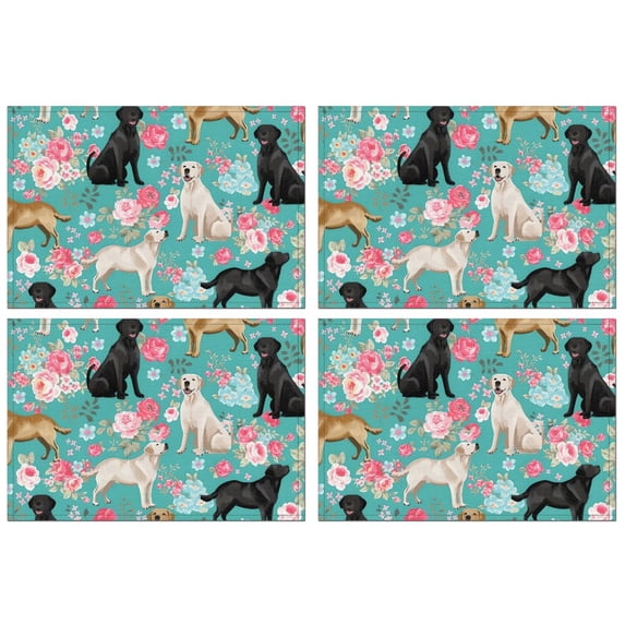 Labrador Dogs with Pioneer Flower Summer Placemats Table Placemats Set Of 4-Linen Kitchen Washable Placemats Table Mats 12x18 Inch Non-Slip Heat Resistant