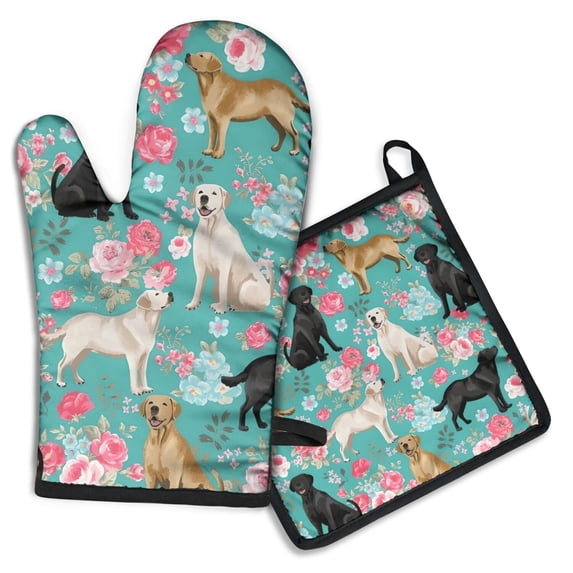 Labrador Dogs with Flowers Kitchen Oven Mitt and Pot Holder Sets 2 Pcs for Baking, Cooking and Grilling, Heat Resistant Up To 392 °F