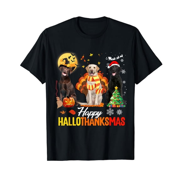 Labrador Happy Hallothanksmas Halloween Thanksgiving Xmas Black T-Shirt