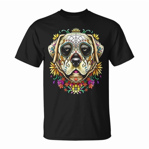 Labrador Lab Dog Sugar Skull Tee Unisex Adult Cotton T-Shirt with Day of the Dead Graphic Colorful Casual Gift for Dog Lovers and Festival Enthusiasts, Size S, Color Black