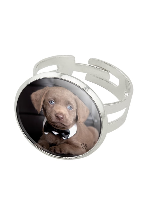 Labrador Lab Puppy Dog Bachelor Bow Tie Silver Plated Adjustable Novelty Ring