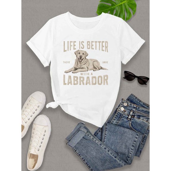 [Labrador Lover Tee] Soft Graphic Women's Black Labrador Lover T-Shirt | "Life is Better with a Labrador" Print Short Sleeve Crew Neck Top, Machine Washable, Dog Shirts, Pet Lover Apparel