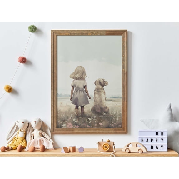 Labrador Nursery Art Yellow Lab Girl And Dog Wall Decor, Unframed Canvas 12x16in