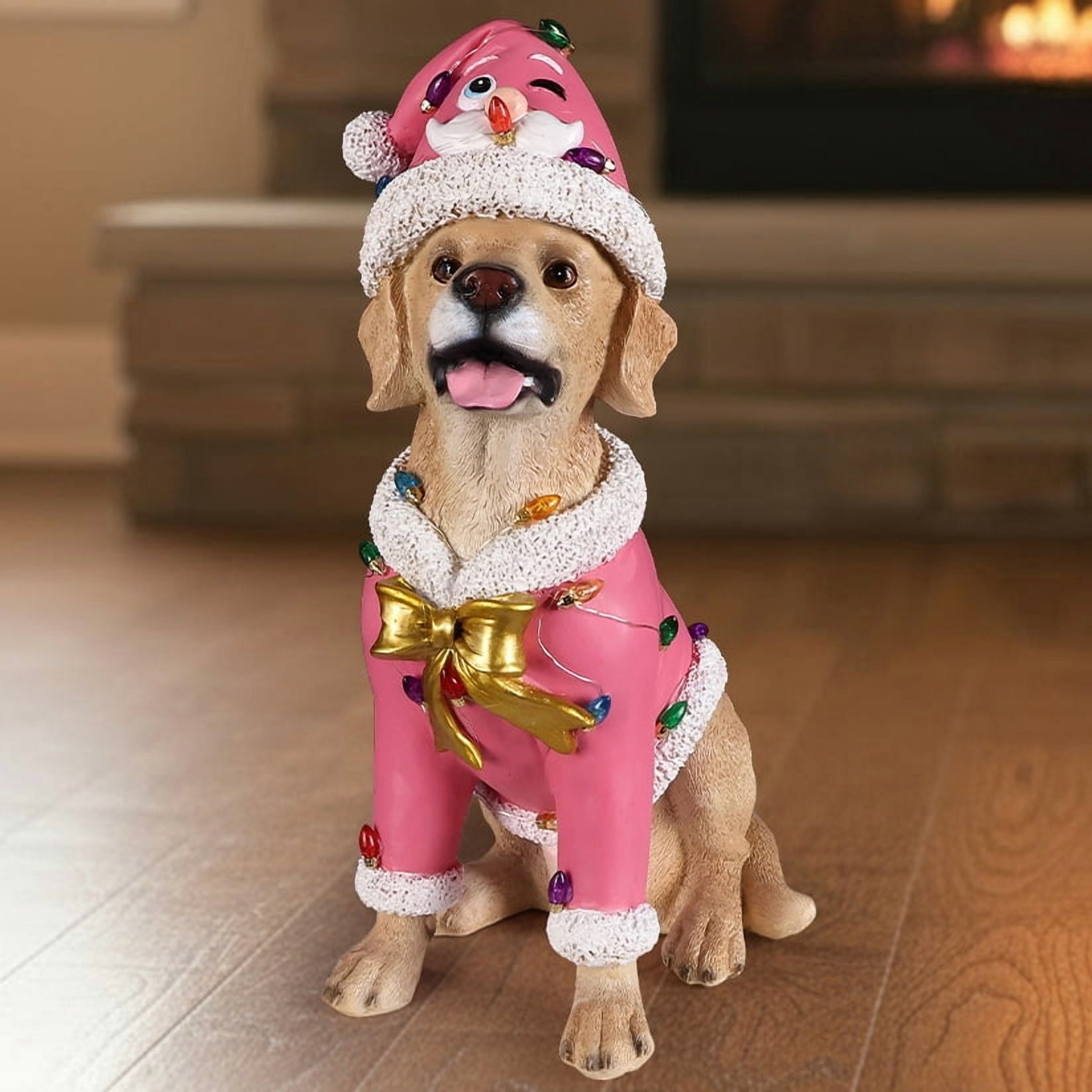 Labrador Pink Santa Outfit Christmas Dog Statue with Santa Hat Holiday Tabletop Decor
