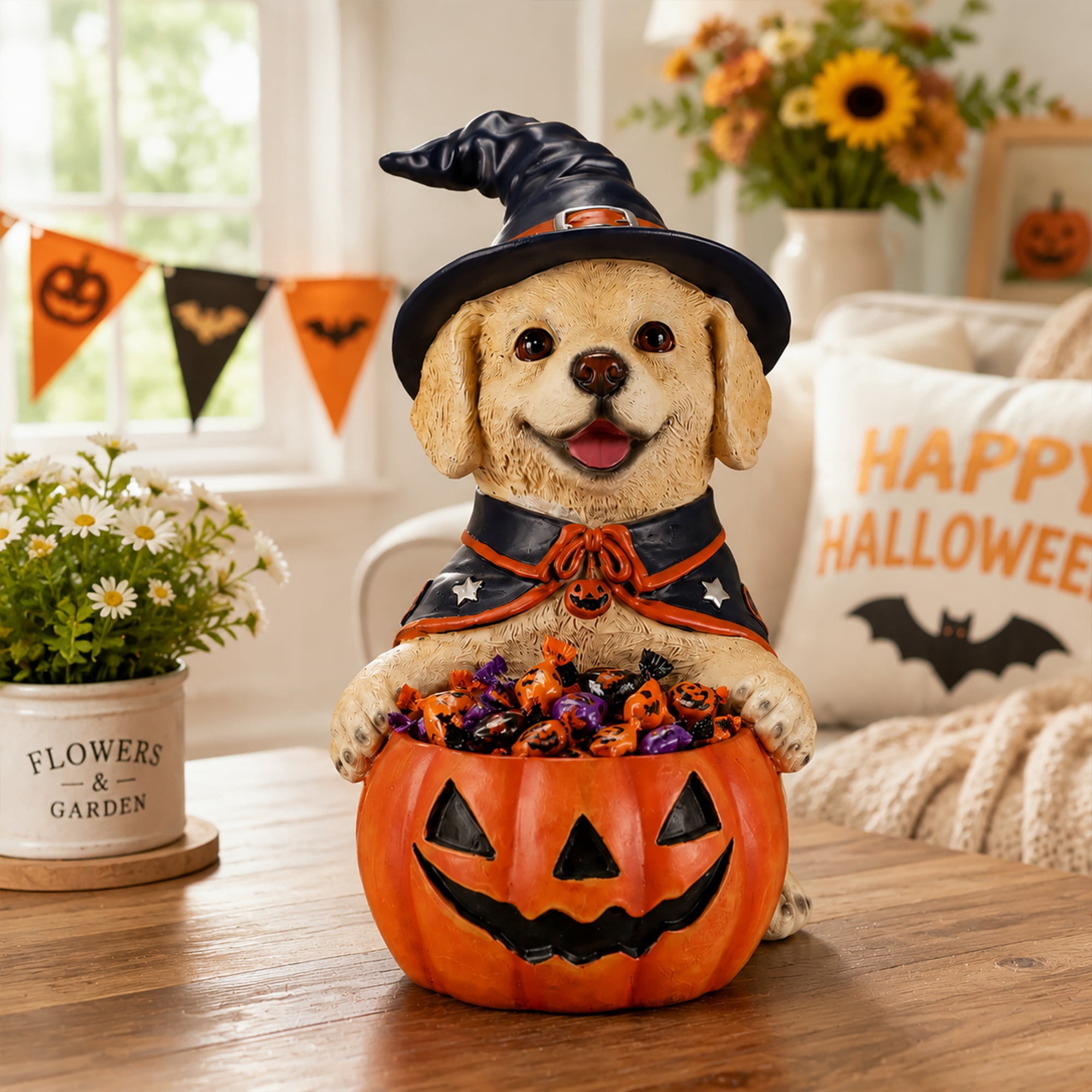 Labrador Puppy Figurine 12.6 Inch, Halloween Witch Dog Statue with Pumpkin Candy Bowl, Cute Puppy Decor for Tabletop and Holiday Display, Beige and Orange-Red