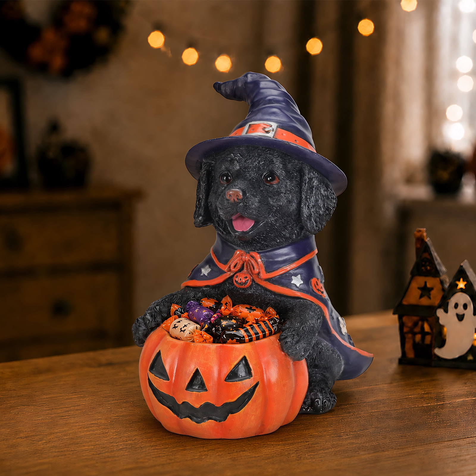Labrador Puppy Halloween Candy Bowl with Witch Costume Pumpkin Holder Resin Tabletop Decor