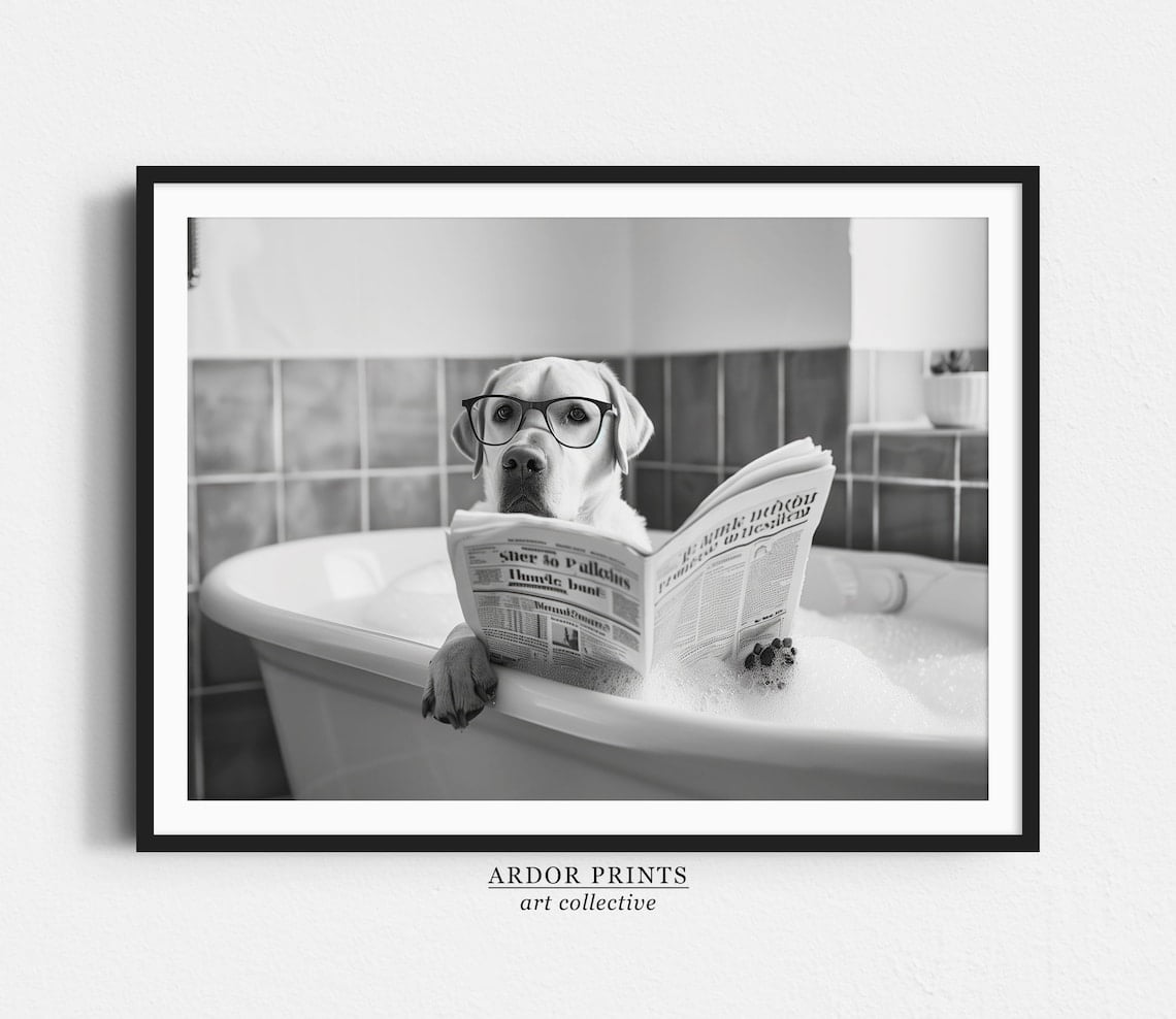 Labrador Reading Newspaper In Bubble Bath Wall Art, White Lab In ...