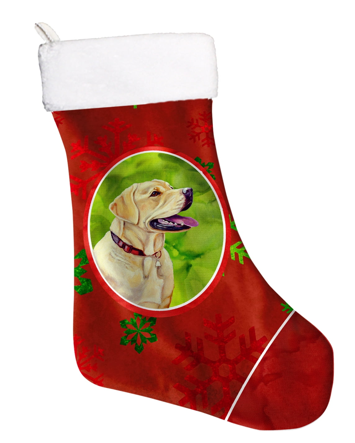 Yellow Lab Stocking Labrador Red and Green Snowflakes Holiday Christmas Christmas Stocking ...