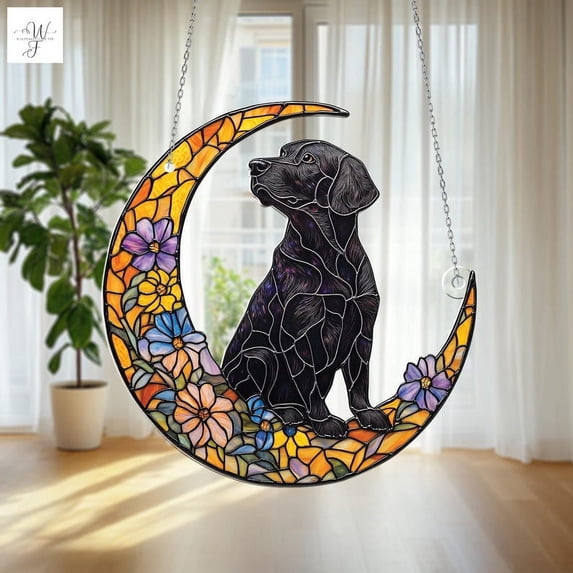 Labrador Retriever Acrylic Window Hanging, Crescent Moon Suncatcher, Floral Dog Decor, Pet Lover Gift, Moon Ornament, Home Decoration