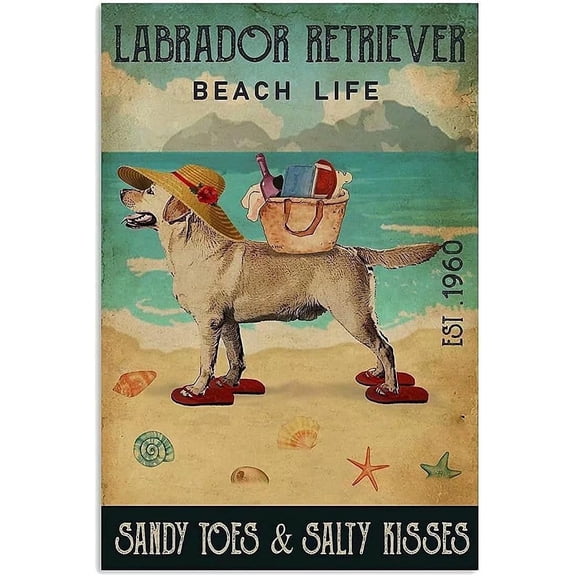 Labrador Retriever Beach Life Metal Tin Sign, Rustic Dog Wall Decor for Home Bar Garage Coffee Farm Country Kitchen, 8 x 12 Inch