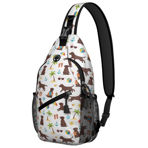 Labrador Retriever and Beach Sling Backpack, Unisex Cycling Crossbody Bag with Side Mesh Pockets, Earphone Hole Port Gift Ideas for Hiking Cycling Walking