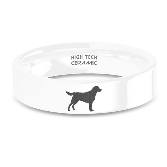 Labrador Retriever Canine Engraved White Ceramic Wedding Band, 6mm, Size 4.5
