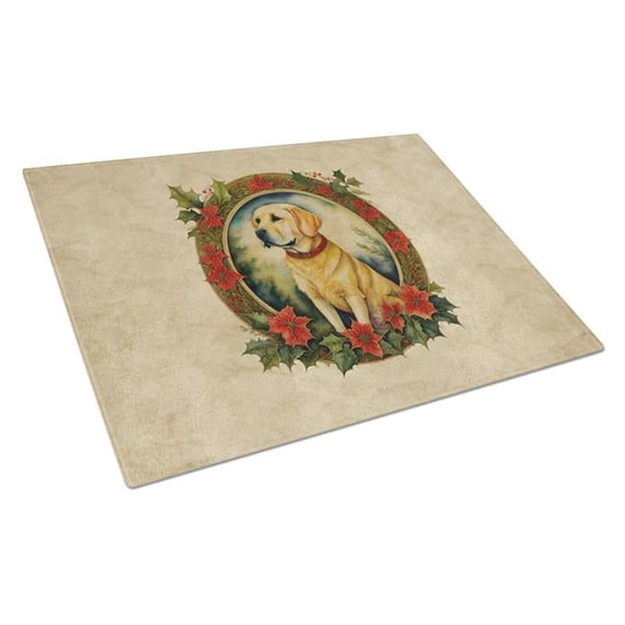 Labrador Retriever Christmas Flowers Glass Cutting Board 12 in x 15 in