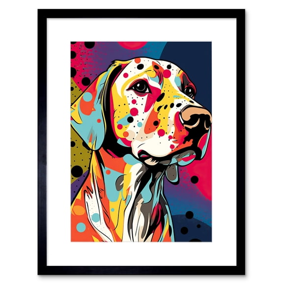 Labrador Retriever Dog Linocut Colourful Pattern Polka Dot Portrait Modern Artwork Framed Wall Art Print 9X7 Inch