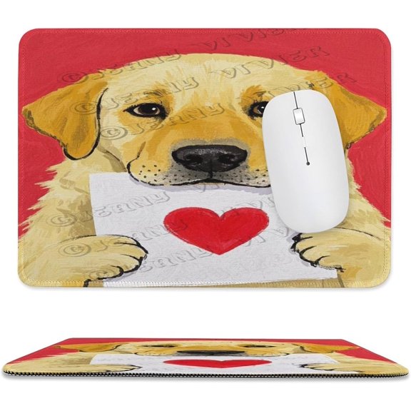 Labrador Retriever with Heart Painting Mouse Pad 8x10 in, Durable Stitched Edge Desk Mouse Pad with Anti-Slip Base, Cute Labrador Retriever Puppy Portrait with Heart Artwork for Office Desk